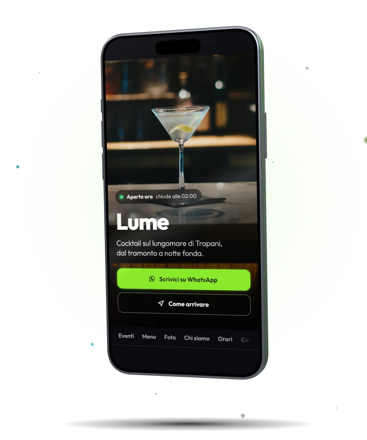 Il sito di un locale su CityFlow, modello Sera, su un iPhone
