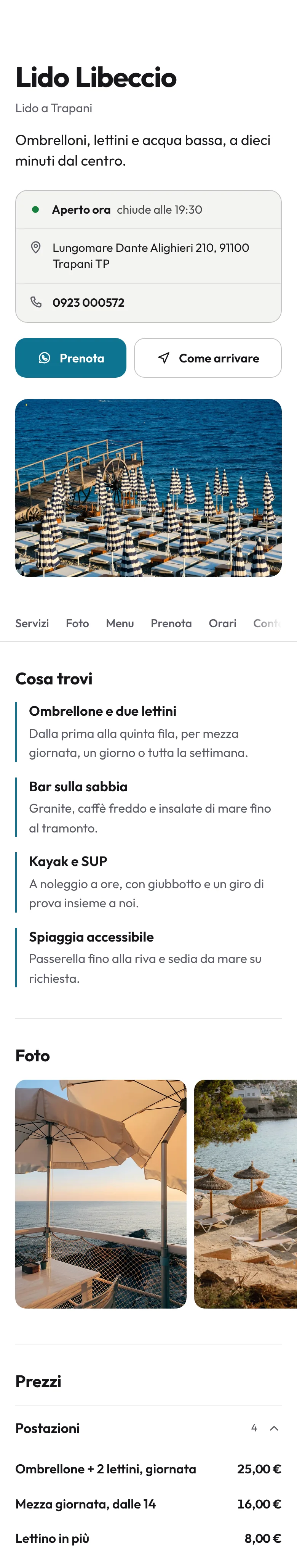 Il sito di un locale con il modello Essenziale, dall'alto in basso