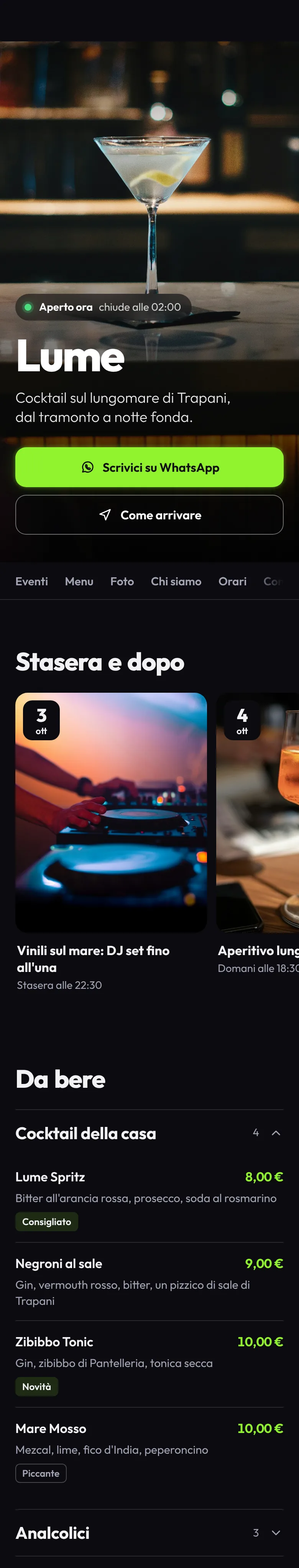 Il sito di un locale con il modello Sera, dall'alto in basso